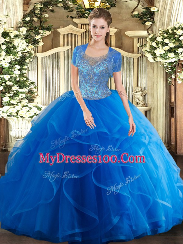 Suitable Floor Length Royal Blue 15th Birthday Dress Tulle Sleeveless Beading and Ruffles