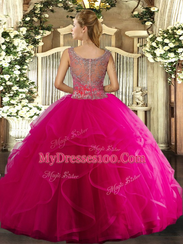 Suitable Floor Length Royal Blue 15th Birthday Dress Tulle Sleeveless Beading and Ruffles