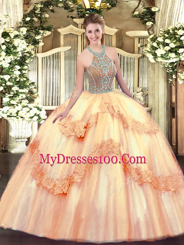 Low Price Peach Sleeveless Floor Length Beading and Appliques Lace Up Quinceanera Dress