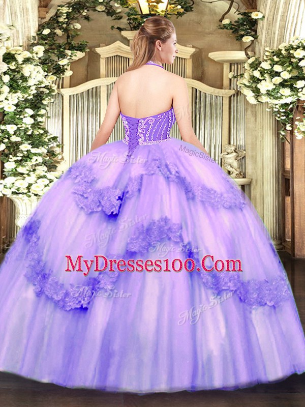Low Price Peach Sleeveless Floor Length Beading and Appliques Lace Up Quinceanera Dress