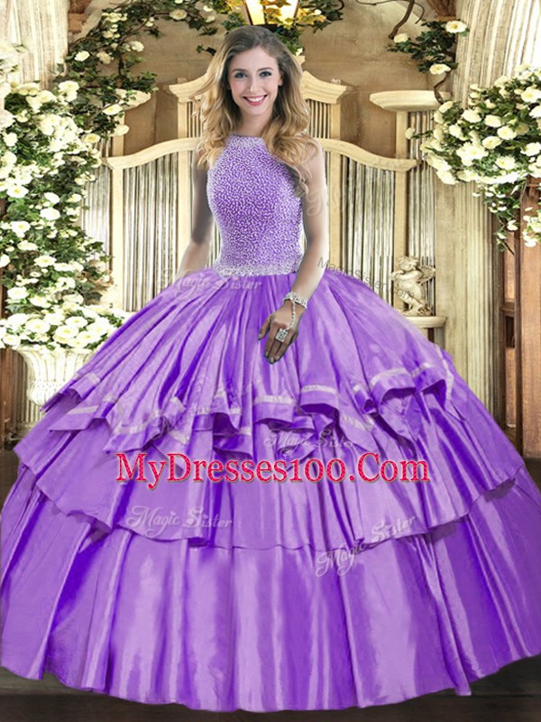 Chic Floor Length Lavender Quinceanera Dresses Organza and Taffeta Sleeveless Beading and Ruffled Layers