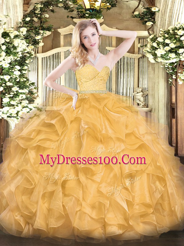Unique Ball Gowns 15th Birthday Dress Gold Sweetheart Organza Sleeveless Floor Length Zipper