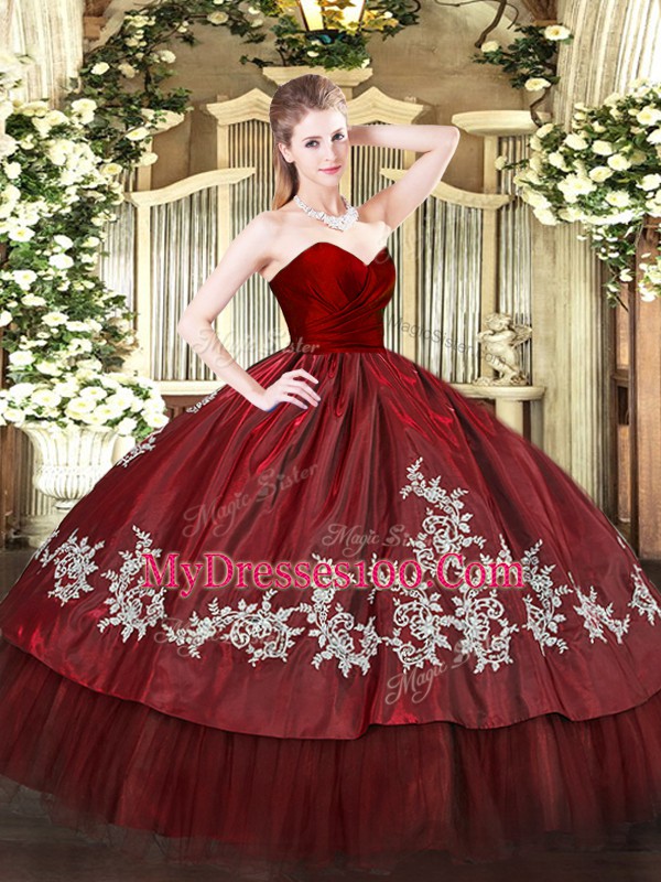 Ideal Wine Red Sleeveless Embroidery Floor Length Ball Gown Prom Dress