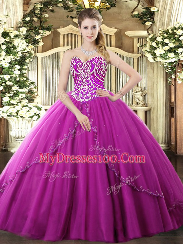 Customized Fuchsia Sweetheart Lace Up Beading Ball Gown Prom Dress Brush Train Sleeveless