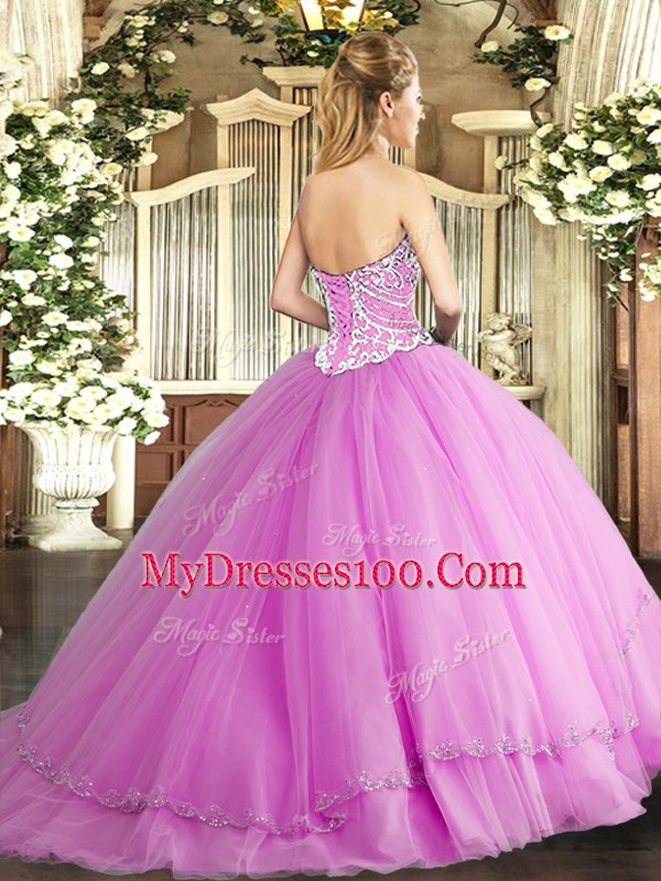 Customized Fuchsia Sweetheart Lace Up Beading Ball Gown Prom Dress Brush Train Sleeveless