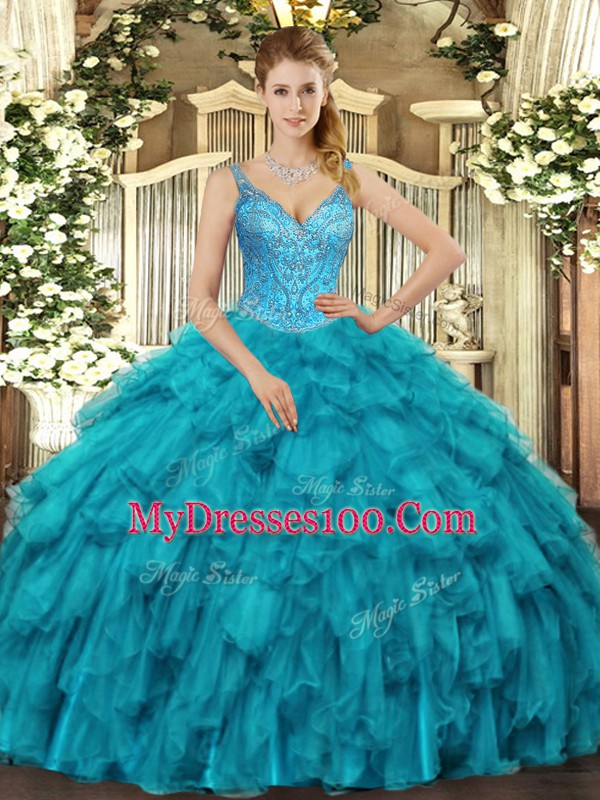 Glorious Teal Lace Up V-neck Beading and Ruffles Sweet 16 Dresses Organza Sleeveless