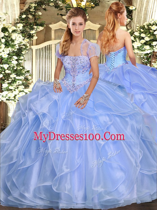 Light Blue Organza Lace Up Sweet 16 Quinceanera Dress Sleeveless Floor Length Appliques and Ruffles