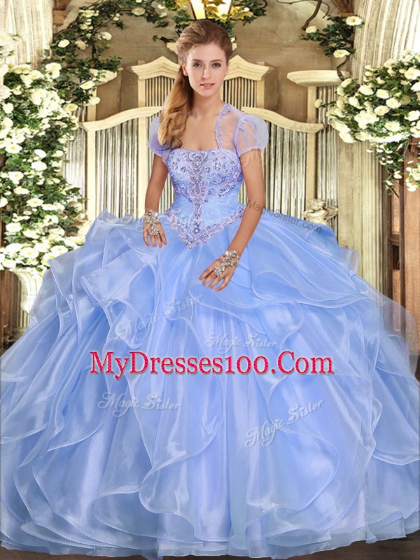 Light Blue Organza Lace Up Sweet 16 Quinceanera Dress Sleeveless Floor Length Appliques and Ruffles