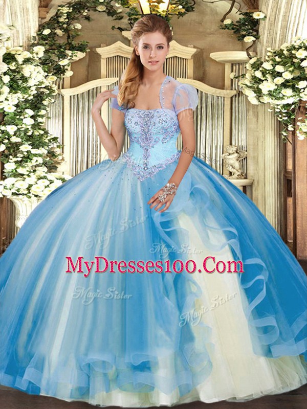 Chic Baby Blue Ball Gowns Appliques and Ruffles Quinceanera Gown Lace Up Tulle Sleeveless Floor Length