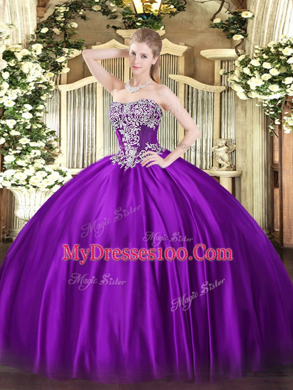 Purple Lace Up Ball Gown Prom Dress Beading Sleeveless Floor Length