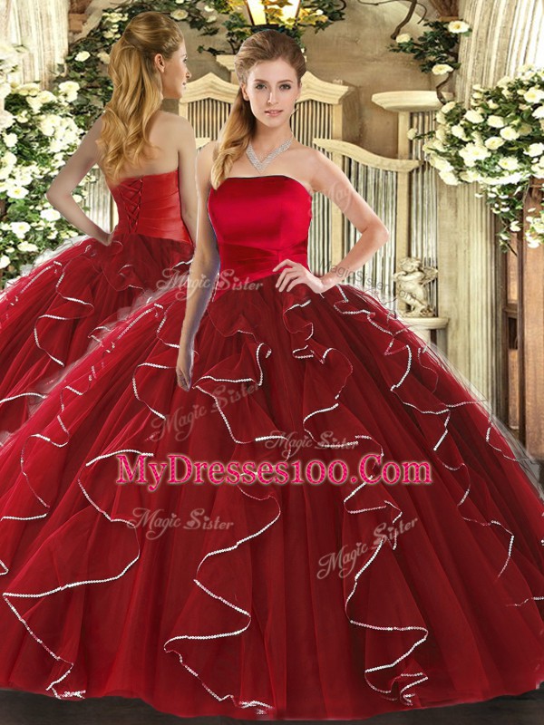 Strapless Sleeveless Lace Up Ball Gown Prom Dress Wine Red Tulle