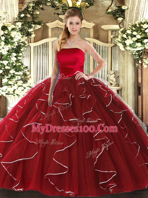 Strapless Sleeveless Lace Up Ball Gown Prom Dress Wine Red Tulle