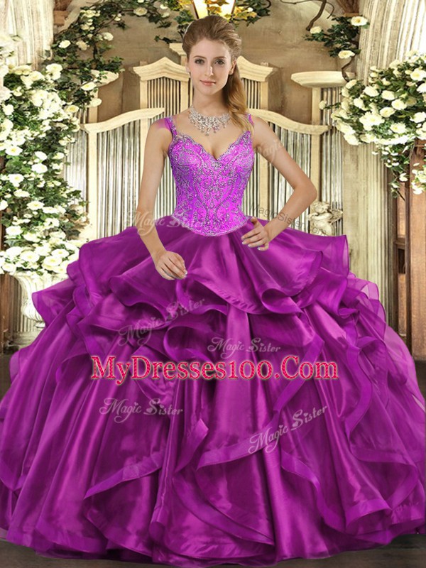 Organza Sleeveless Floor Length Quinceanera Dresses and Beading and Ruffles