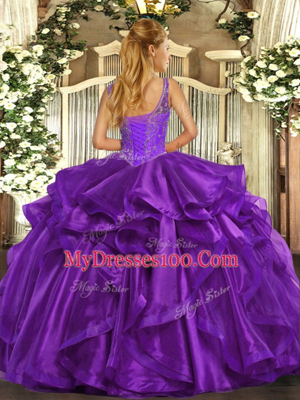 Organza Sleeveless Floor Length Quinceanera Dresses and Beading and Ruffles