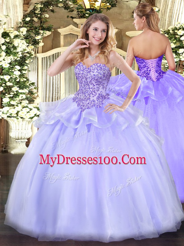 Floor Length Lavender Quinceanera Gowns Organza Sleeveless Appliques