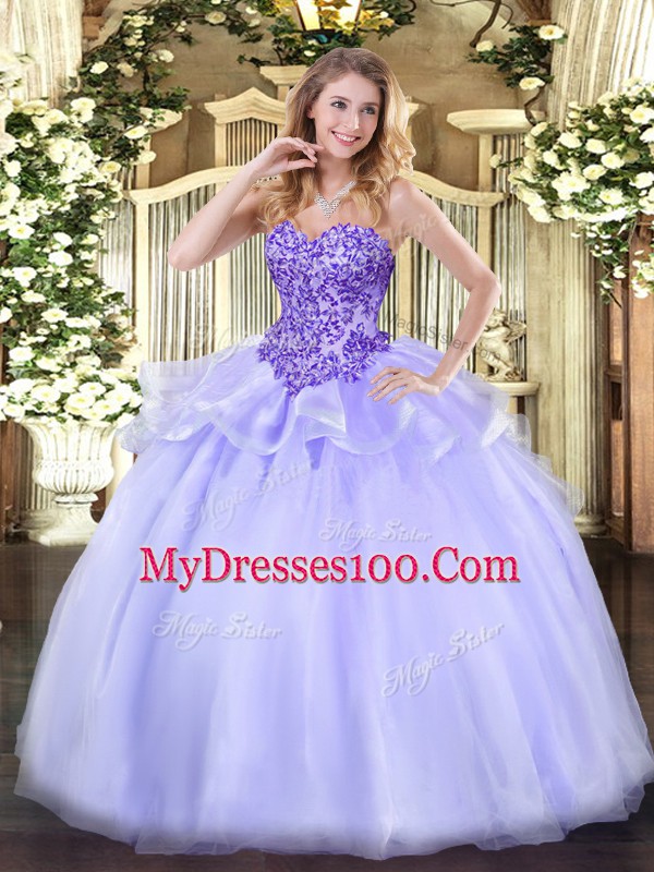 Floor Length Lavender Quinceanera Gowns Organza Sleeveless Appliques