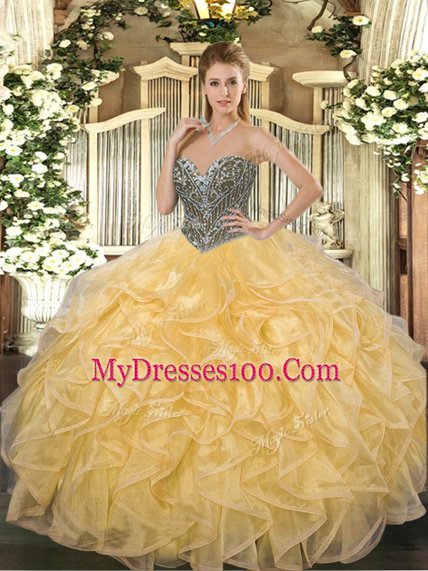 Modern Beading and Ruffles Quinceanera Gowns Gold Lace Up Sleeveless Floor Length