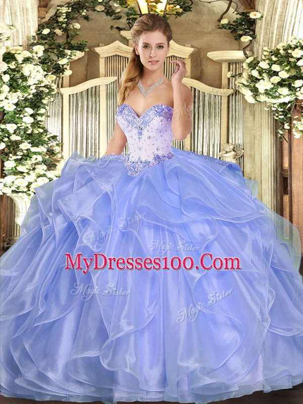 Sweetheart Sleeveless Quinceanera Dress Floor Length Beading and Ruffles Lavender Organza