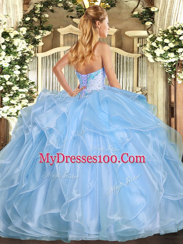 Sweetheart Sleeveless Quinceanera Dress Floor Length Beading and Ruffles Lavender Organza