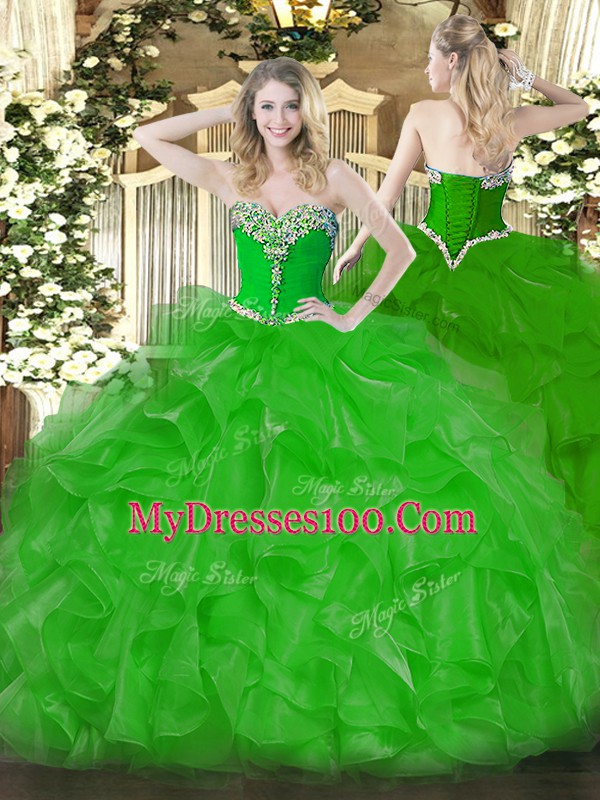 Fancy Organza Sweetheart Sleeveless Lace Up Beading and Ruffles Sweet 16 Quinceanera Dress in Green