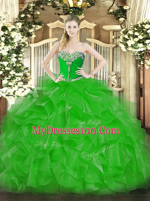Fancy Organza Sweetheart Sleeveless Lace Up Beading and Ruffles Sweet 16 Quinceanera Dress in Green