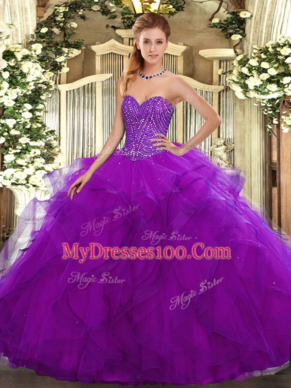 Purple Ball Gowns Sweetheart Sleeveless Tulle Floor Length Lace Up Beading and Ruffles Quinceanera Gown