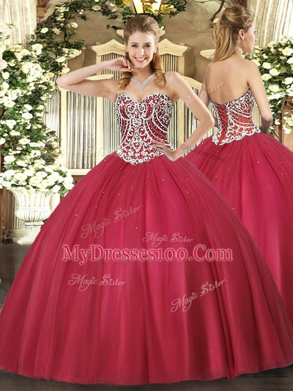 Popular Ball Gowns Quince Ball Gowns Red Sweetheart Tulle Sleeveless Floor Length Lace Up