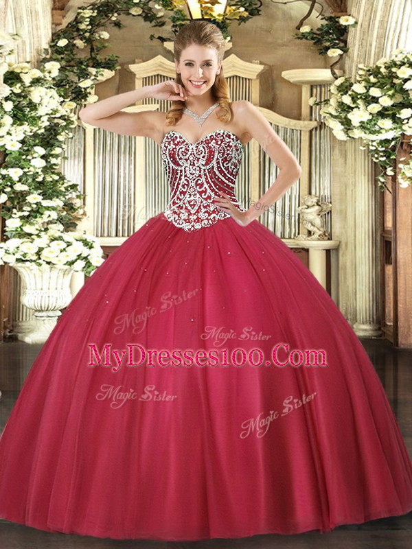 Popular Ball Gowns Quince Ball Gowns Red Sweetheart Tulle Sleeveless Floor Length Lace Up
