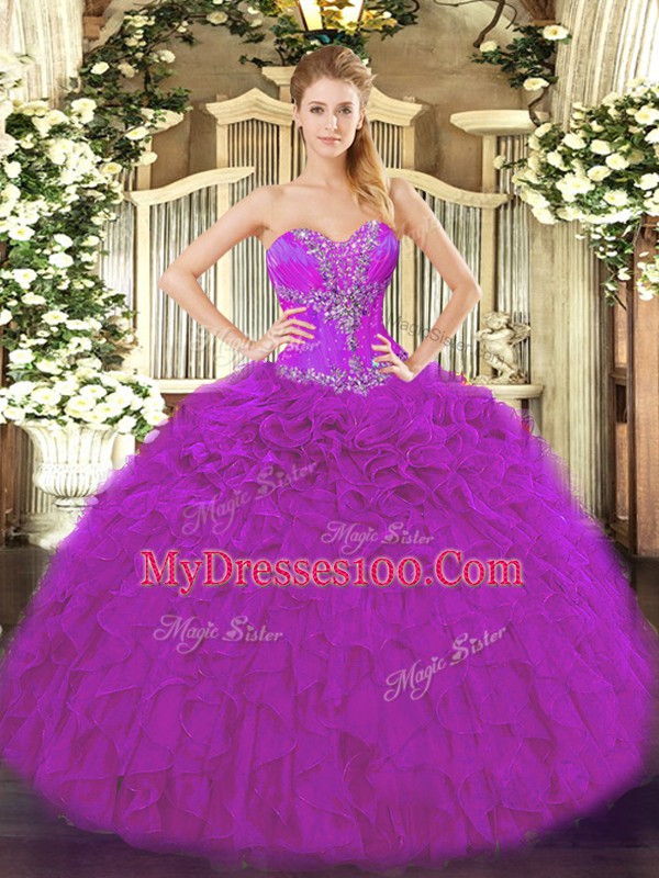 Decent Beading and Ruffles Vestidos de Quinceanera Fuchsia Lace Up Sleeveless Floor Length