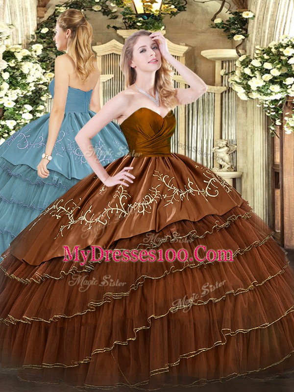 Floor Length Brown Vestidos de Quinceanera Organza and Taffeta Sleeveless Embroidery and Ruffled Layers
