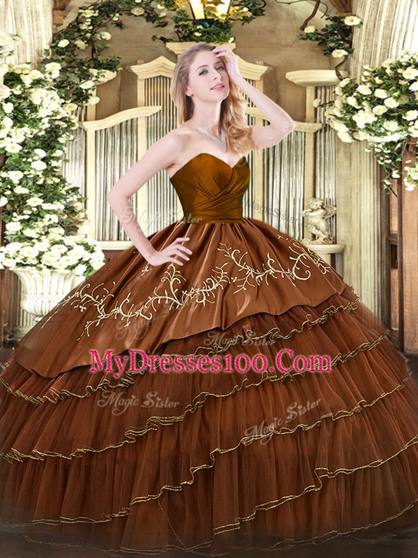 Floor Length Brown Vestidos de Quinceanera Organza and Taffeta Sleeveless Embroidery and Ruffled Layers