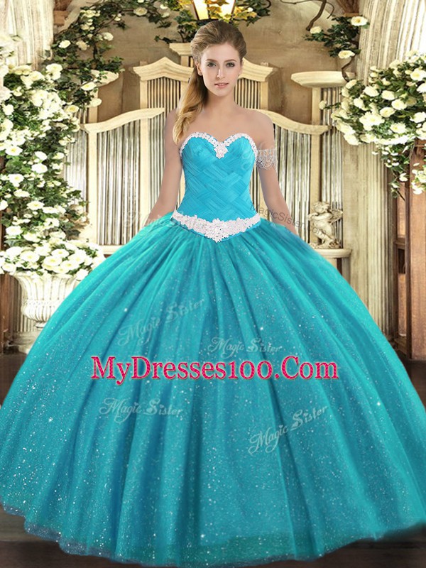 Sexy Sleeveless Lace Up Floor Length Appliques Quinceanera Gown