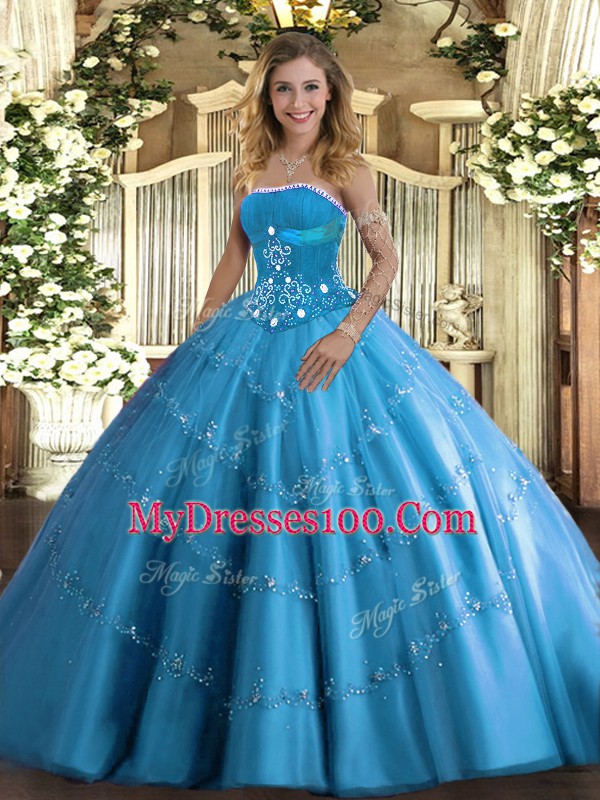 Baby Blue Sleeveless Beading and Appliques Floor Length Ball Gown Prom Dress