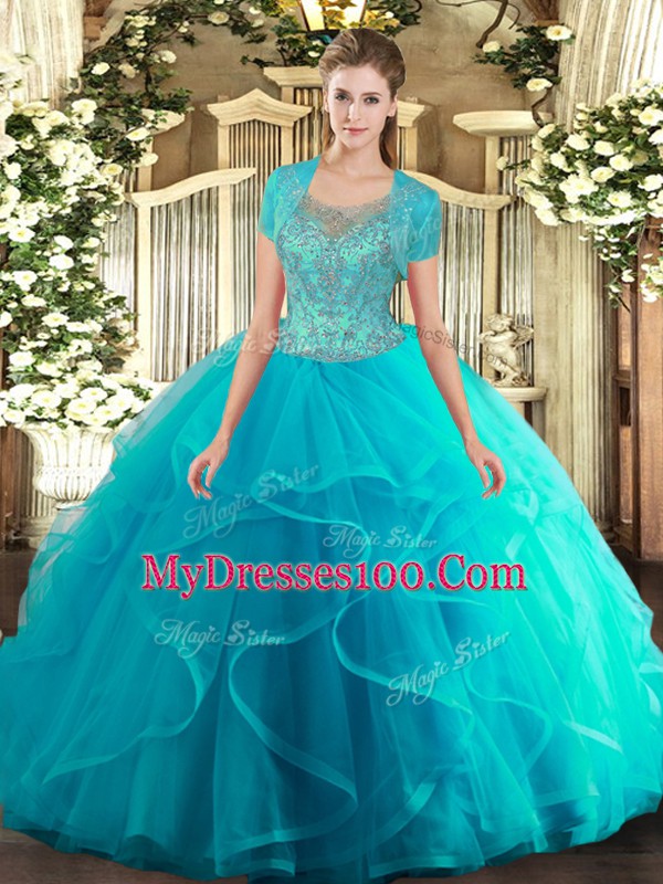 Sleeveless Floor Length Beading and Ruffled Layers Clasp Handle Quinceanera Gowns with Aqua Blue