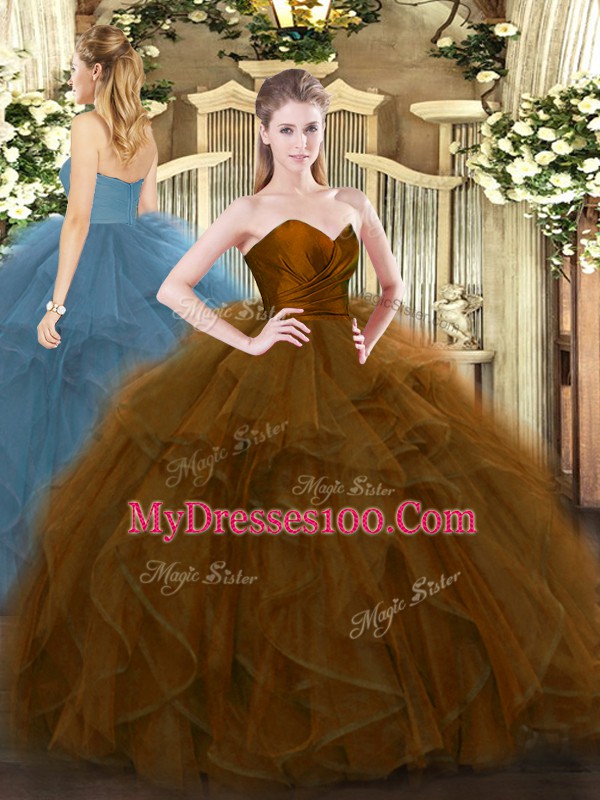 Discount Brown Tulle Zipper Sweet 16 Quinceanera Dress Sleeveless Floor Length Ruffles