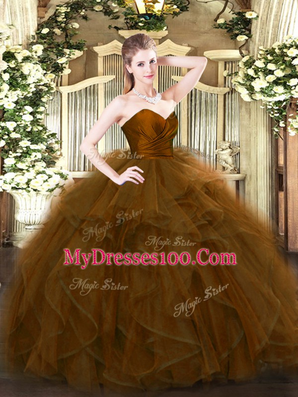 Discount Brown Tulle Zipper Sweet 16 Quinceanera Dress Sleeveless Floor Length Ruffles