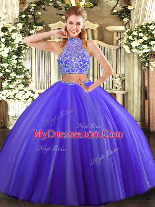 New Arrival Floor Length Purple 15th Birthday Dress Halter Top Sleeveless Criss Cross