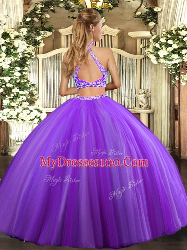 New Arrival Floor Length Purple 15th Birthday Dress Halter Top Sleeveless Criss Cross