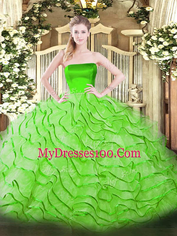 Ball Gowns Tulle Strapless Sleeveless Ruffles Zipper Sweet 16 Dress Brush Train
