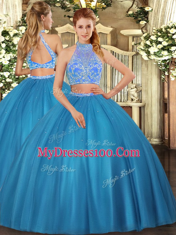 Fitting Teal Sleeveless Floor Length Beading Criss Cross Vestidos de Quinceanera