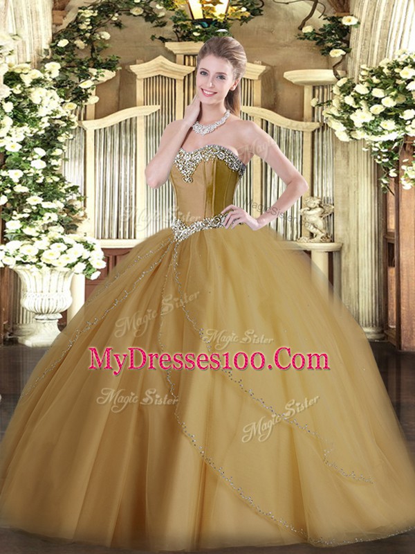 Artistic Champagne Lace Up 15th Birthday Dress Beading Sleeveless Brush Train