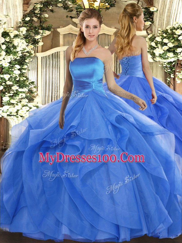 Pretty Sleeveless Tulle Floor Length Lace Up Sweet 16 Dresses in Blue with Ruffles