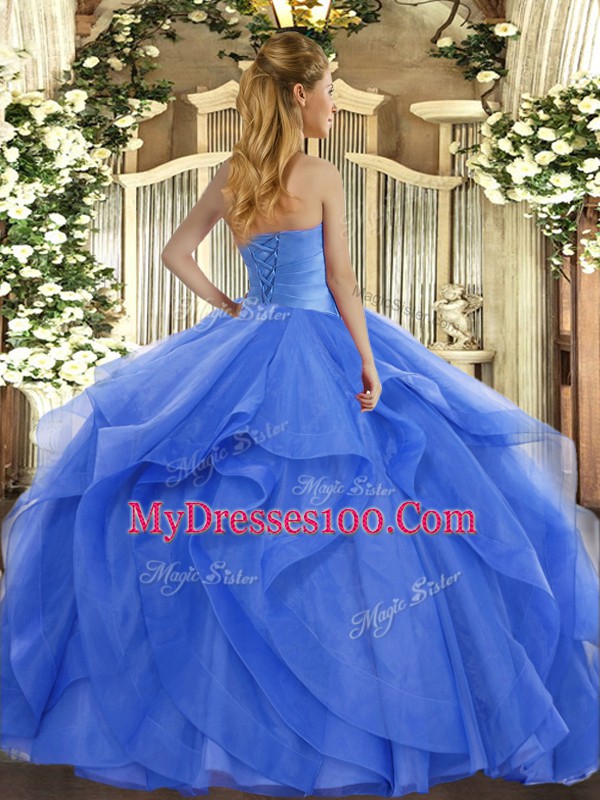 Pretty Sleeveless Tulle Floor Length Lace Up Sweet 16 Dresses in Blue with Ruffles