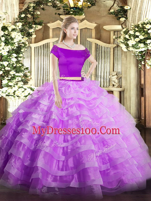 Nice Floor Length Two Pieces Short Sleeves Lilac 15 Quinceanera Dress Zipper