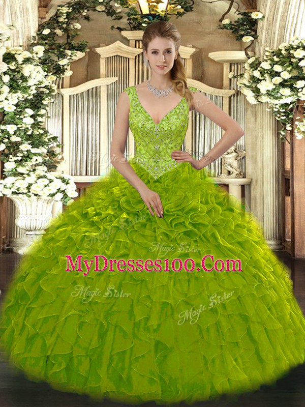 Fabulous Olive Green Zipper V-neck Beading and Ruffles Vestidos de Quinceanera Organza Sleeveless