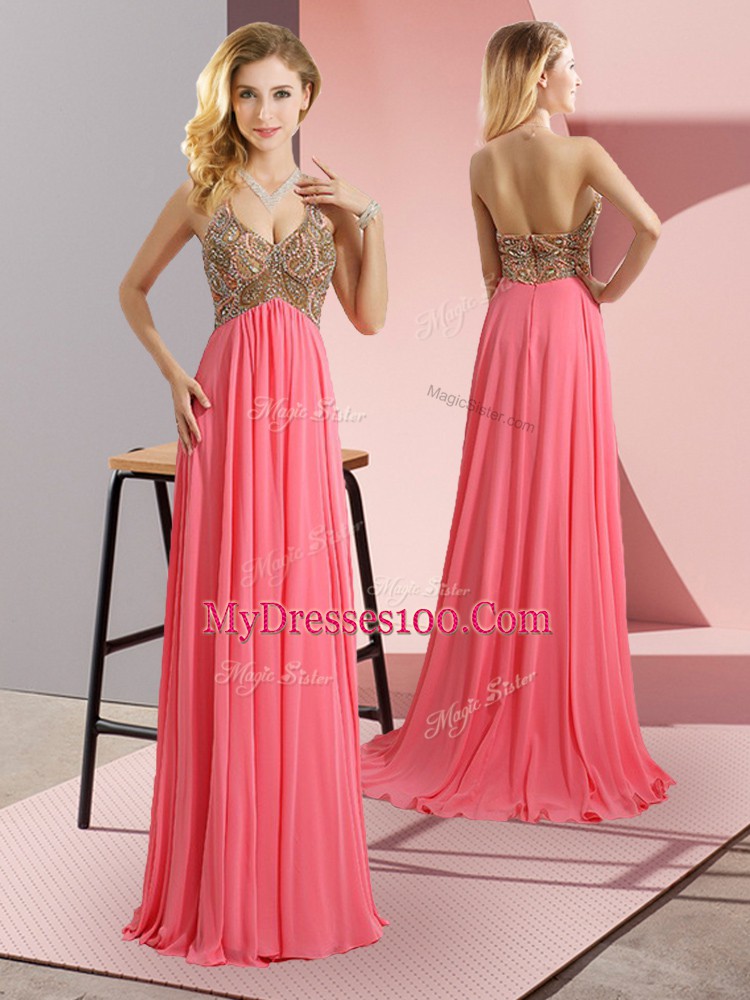 Custom Fit Sleeveless Sweep Train Zipper Floor Length Beading Prom Dresses