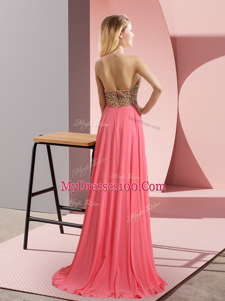 Custom Fit Sleeveless Sweep Train Zipper Floor Length Beading Prom Dresses