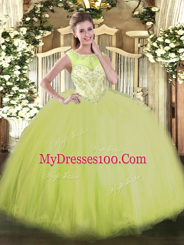 Extravagant Yellow Green Sleeveless Floor Length Beading Zipper Quinceanera Gowns