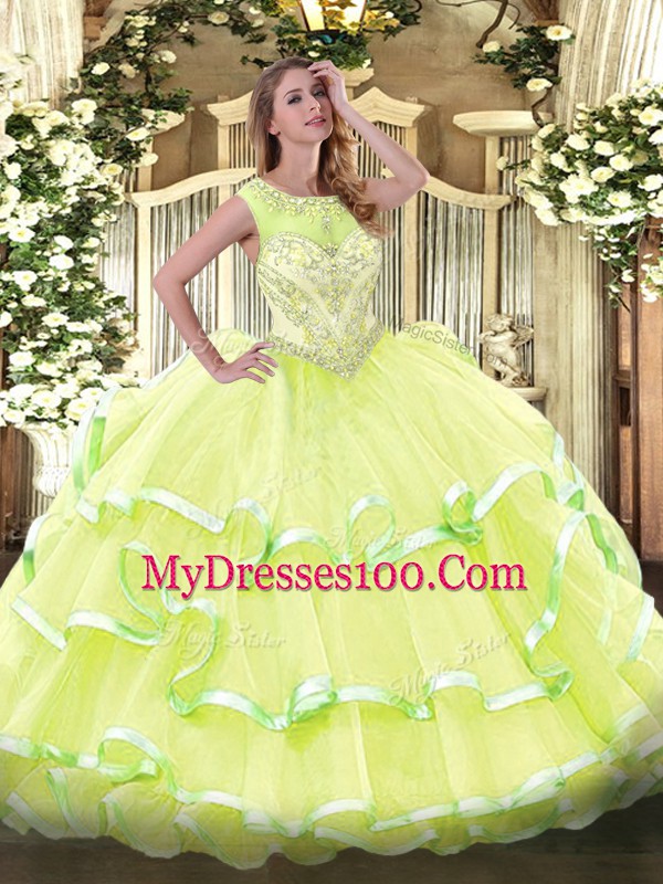 Yellow Green Organza Lace Up Sweet 16 Quinceanera Dress Sleeveless Floor Length Beading and Ruffled Layers