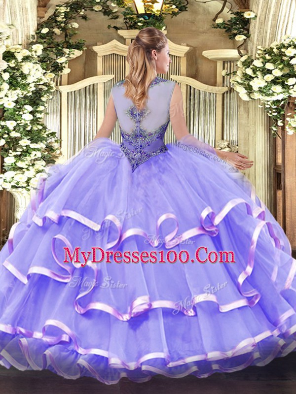 Yellow Green Organza Lace Up Sweet 16 Quinceanera Dress Sleeveless Floor Length Beading and Ruffled Layers